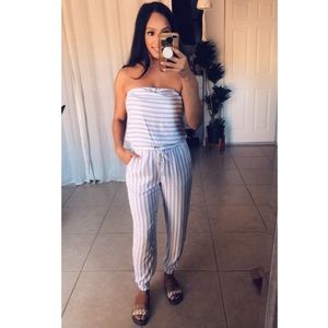 White and blue striped strapless Jumpsuit